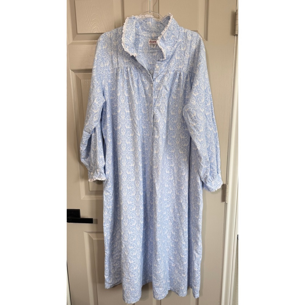 Lanz of Salzburg Blue White Flannel Deer Nightgown Heart Buttons XL Cottagecore